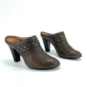 Sofft Soleil High Heel Clog/Mule Size 7.5 Brown/Green Leather Cushioned Studded